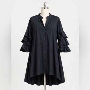 Gracia Navy Ruffle Sleeve Tunic Dress | Button Front High-Low Top | Size M